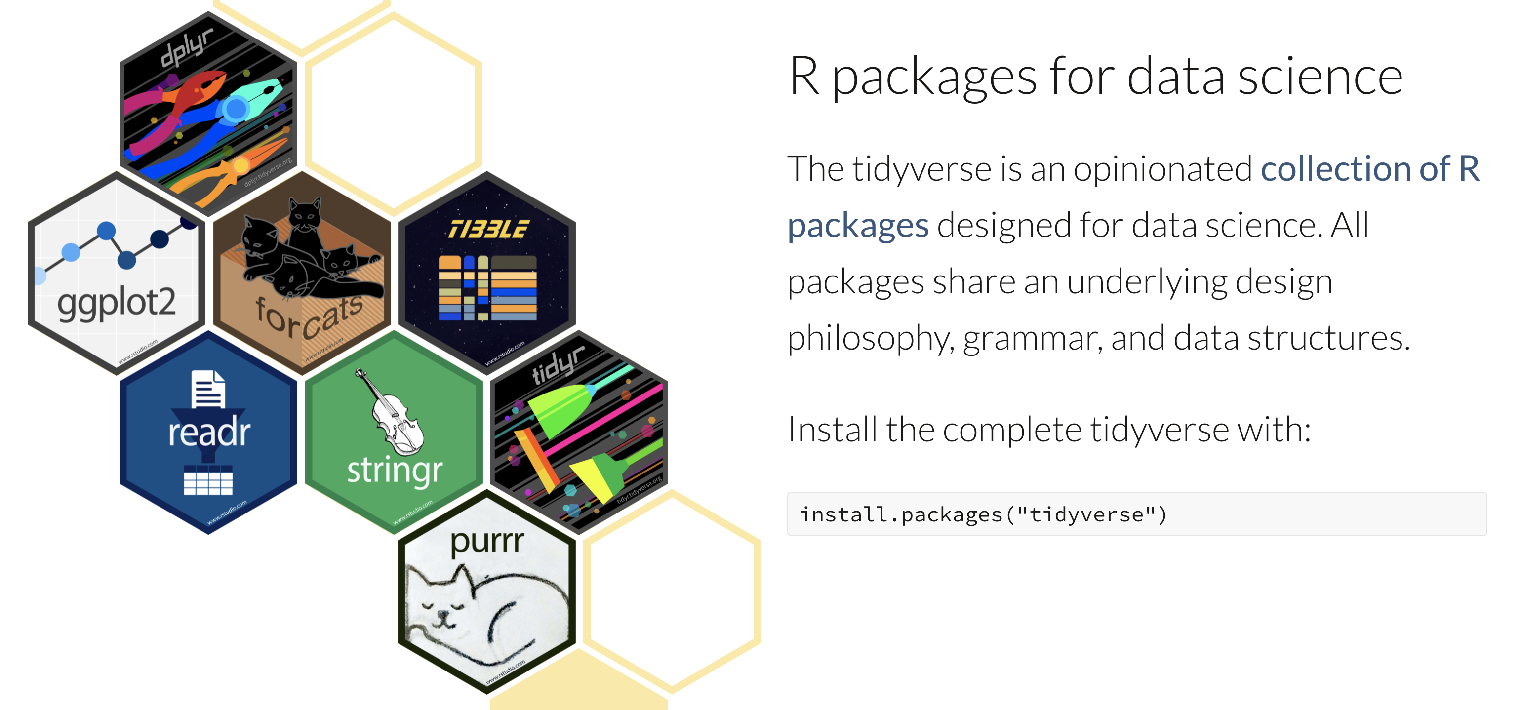 Image of hex stickers for the eight core tidyverse packages including ggplot2, dplyr, tidyr, readr, purrr, tibble, stringr, and forcats.